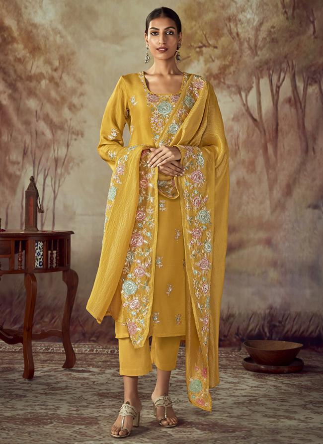 Russian Silk Yellow Eid Wear Embroidery Work Salwar Suit